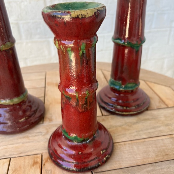 Set of 3 - Vintage - Red Glazed Bamboo Candle Stick Holders - Picture 5 of 11